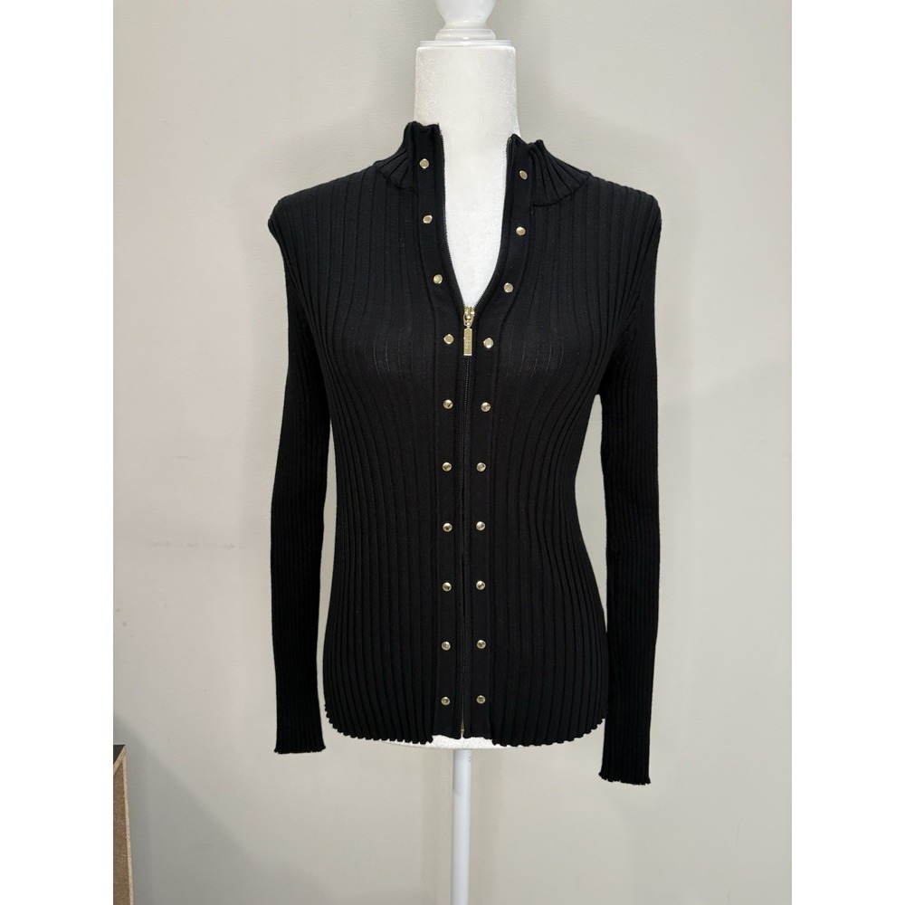 Belldini Black Ribbed Cardigan  Zipper Size L Viscose Blend Y2K Stretchy Knit